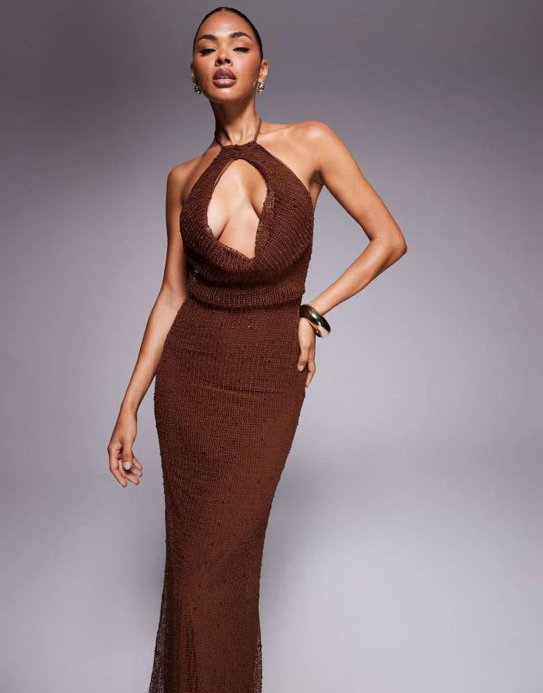 ASOS Design crochet sequin halter maxi dress with cut out in brown