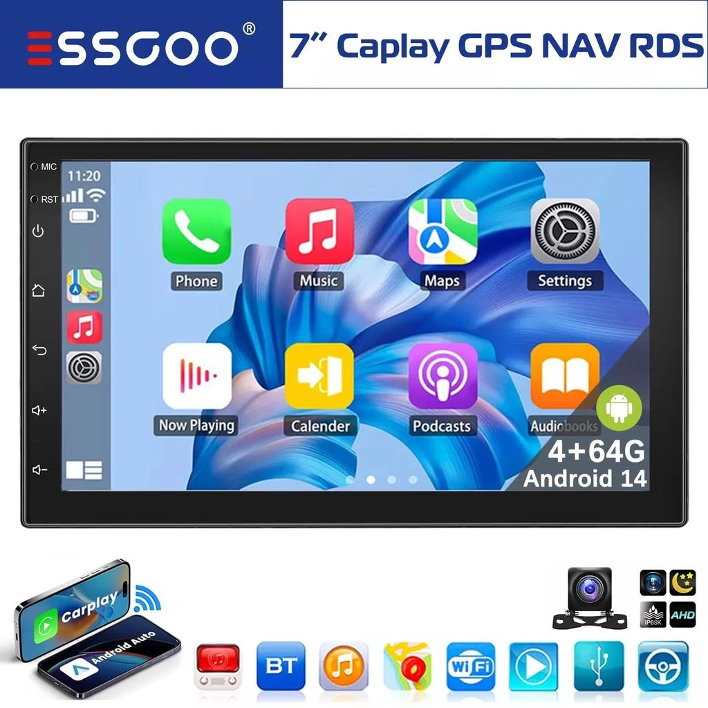 ESSGOO 7-Inch Double DIN Android 14 CarPlay Multimedia Video Player with GPS Navigation, Wi-Fi, FM/RDS, and Bluetooth Compatibility - 64gb with Camera