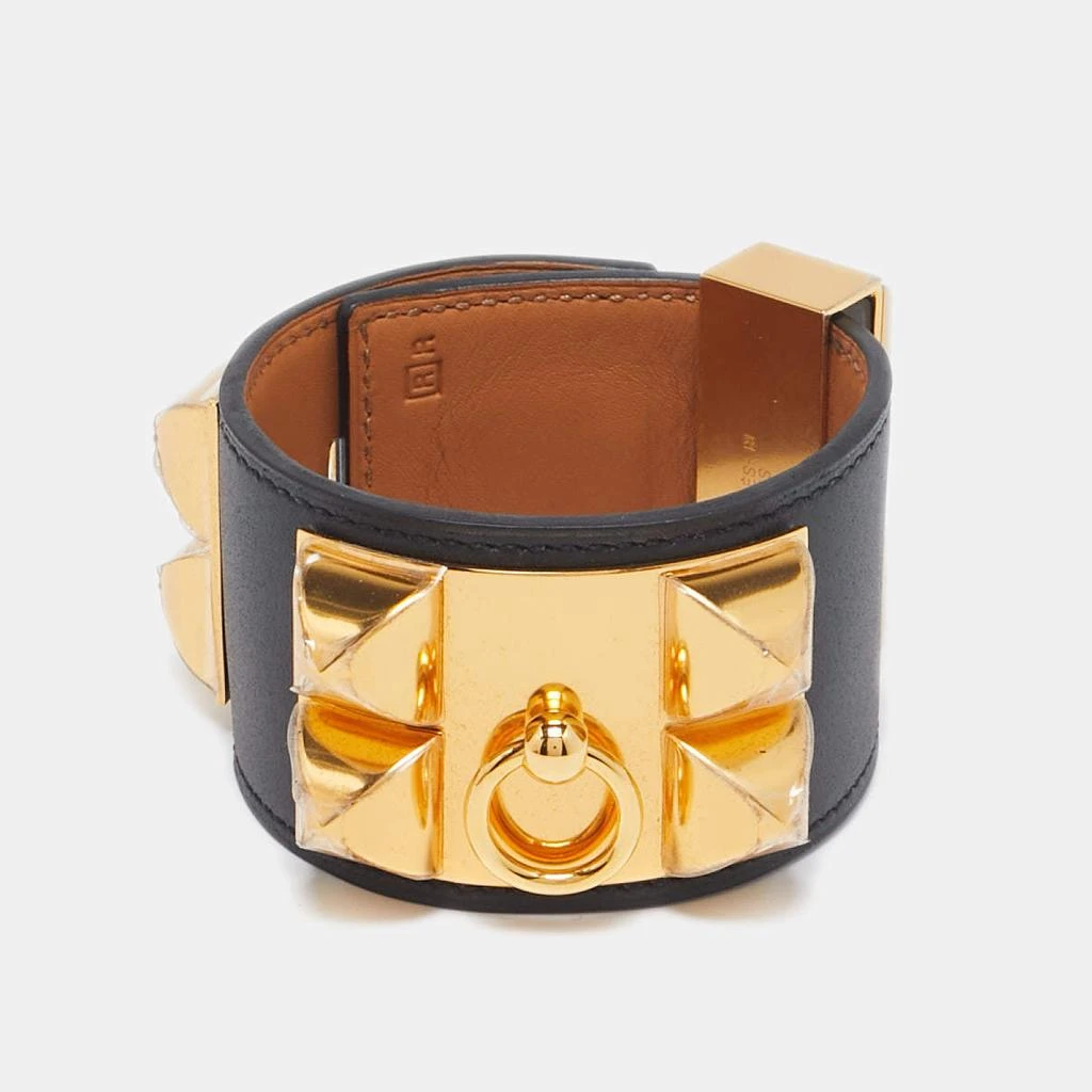 Hermes Hermes Collier de Chien Black Leather Gold Plated Cuff Bracelet 1