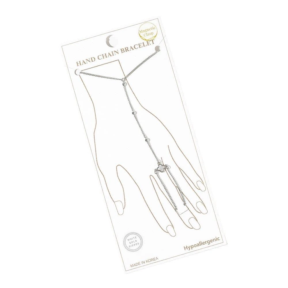 FASHNZFAB White Gold Dipped Delicate Beaded Mother of Pearl Quatrefoil Accent Hand Chain Magnetic Bracelet 2