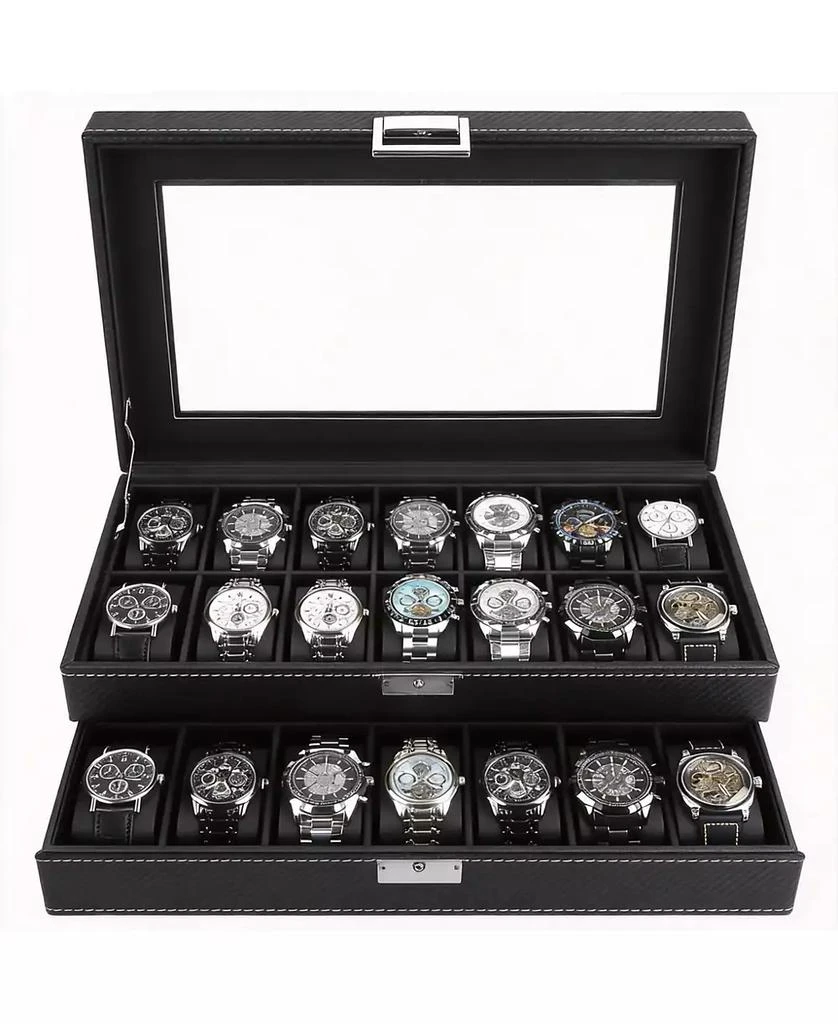 YIGII 20-Slot PU Leather Watch Box with Clear Glass Lid and Removable Cushions