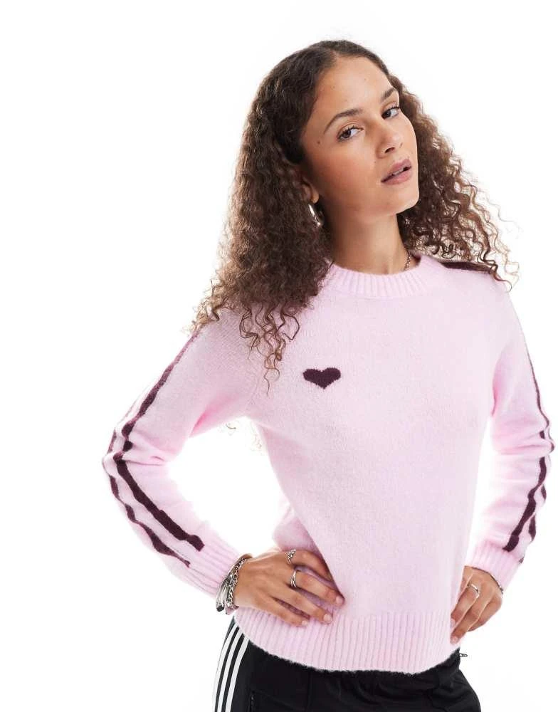 Monki Monki knitted raglan sleeve sweater in pink with burgundy contrast jacquard heart and stripe 1