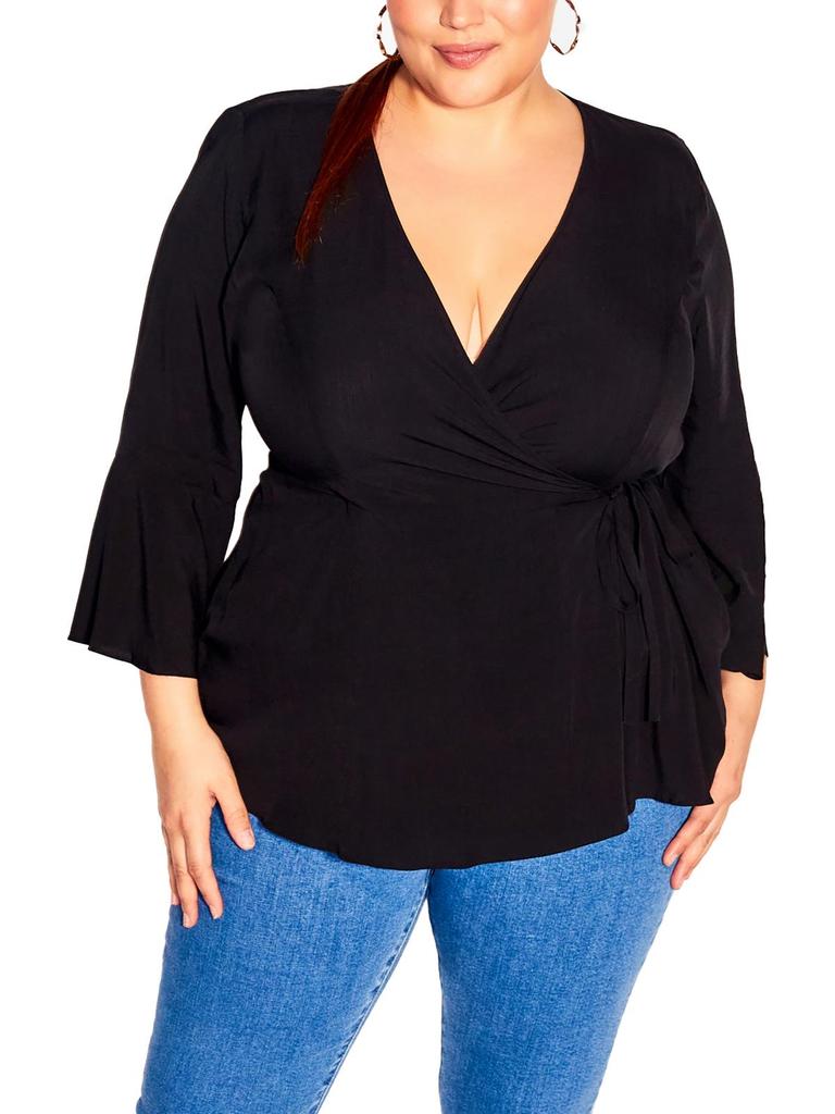 City Chic Plus Womens Dressy 3/4 Sleeve Wrap Top