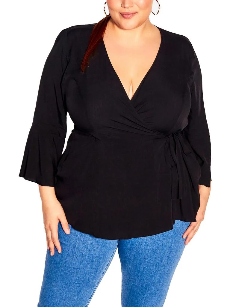 City Chic Plus Womens Dressy 3/4 Sleeve Wrap Top 1