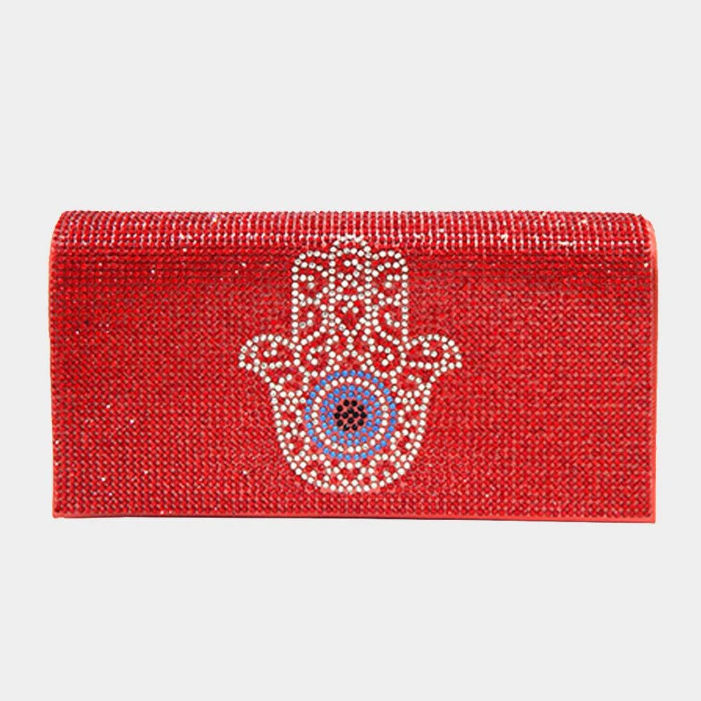 FASHNZFAB Bling Evil Eye Centered Hamsa Hand Evening Clutch Crossbody Bag