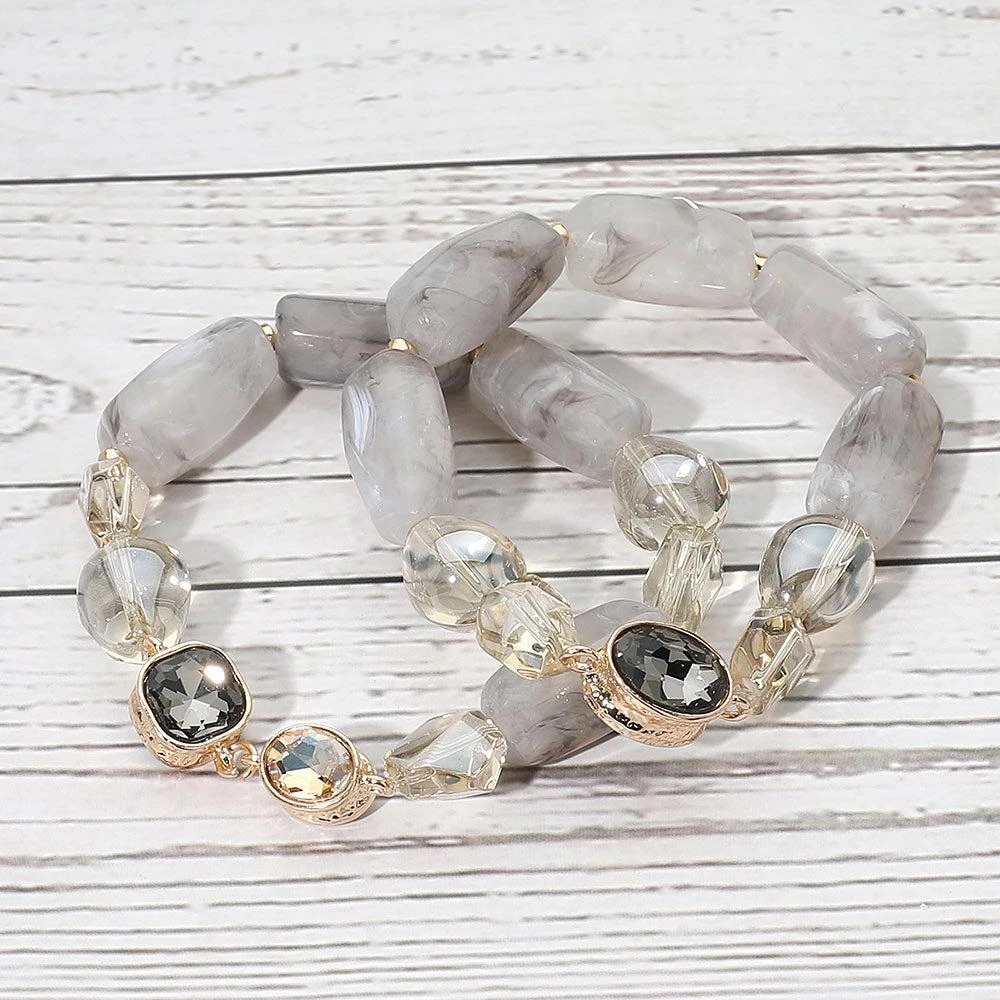 FASHNZFAB 2PCS - Chunky Marbled Resin Pebble Faceted Stone Beaded Stretch Multi Layered Bracelets 4