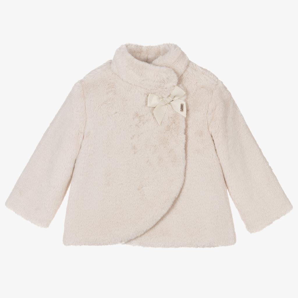 MAYORAL Off White Bow Faux Fur Coat