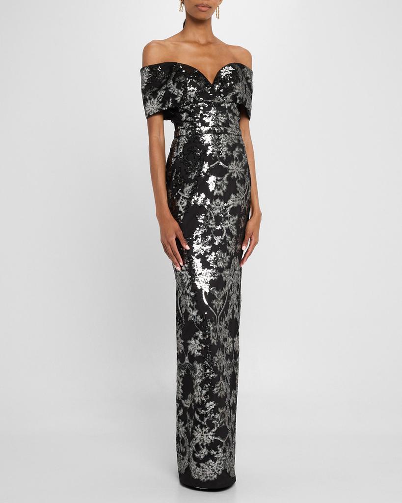 Pamella Roland Sequined Mesh Tulle Off-The-Shoulder Gown