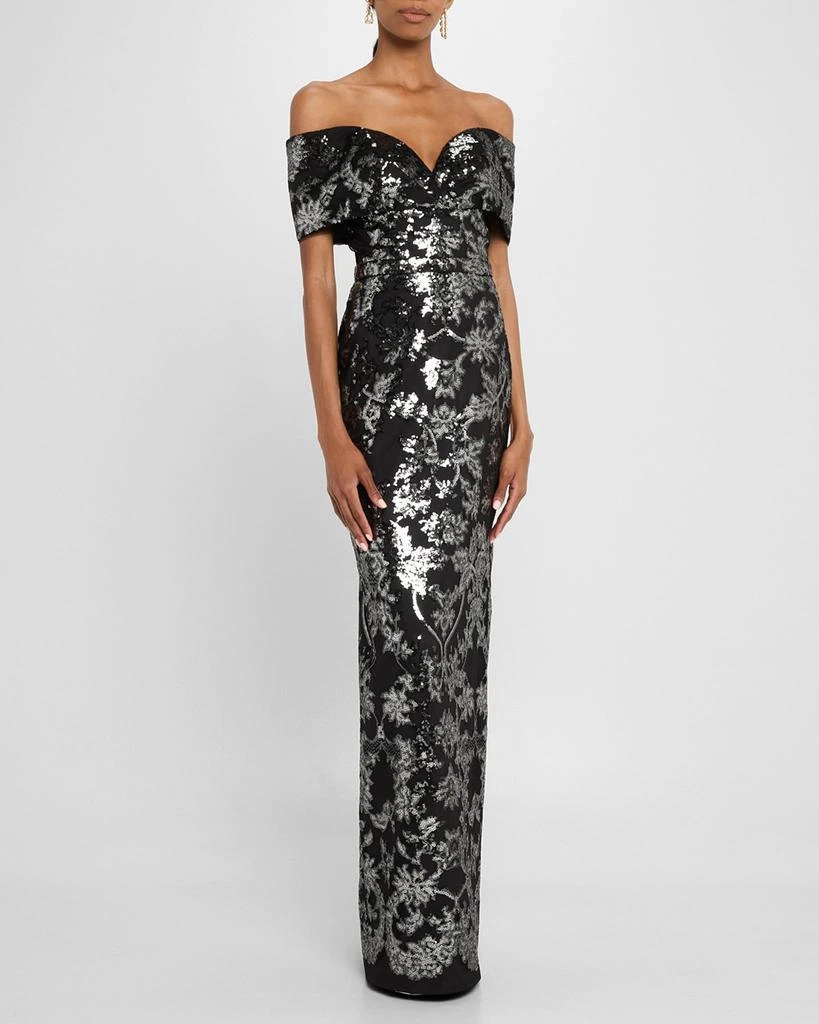 Pamella Roland Sequined Mesh Tulle Off-The-Shoulder Gown 2