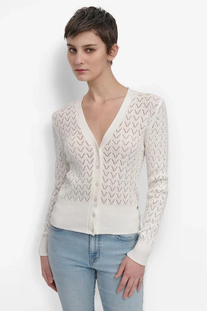 DKNY LONG SLEEVE POINTELLE STITCH V NECK CARDIGAN 1