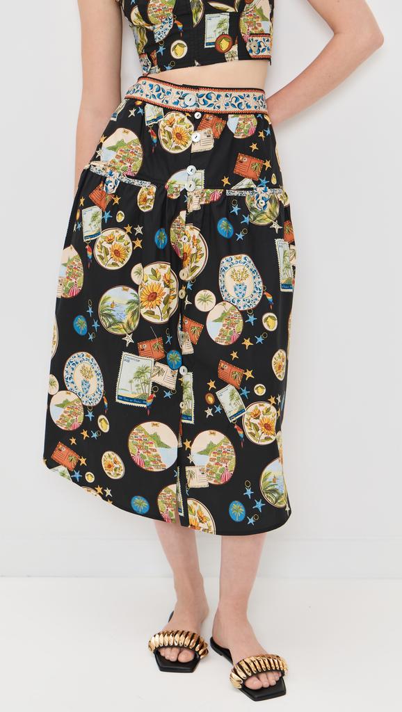 Farm Rio Trip Souvenir Black Mixed Buttons Midi Skirt