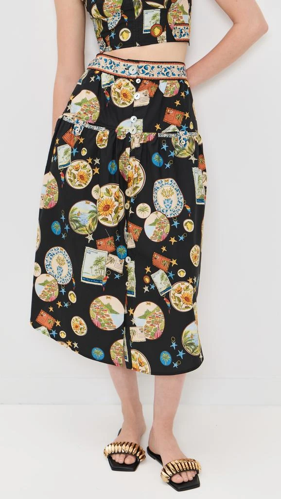 Farm Rio Trip Souvenir Black Mixed Buttons Midi Skirt 1