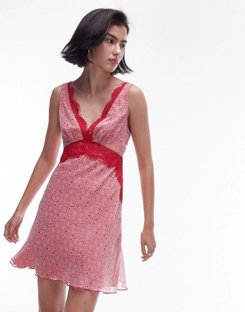 Topshop Topshop floral lace mini flippy dress in red print 2
