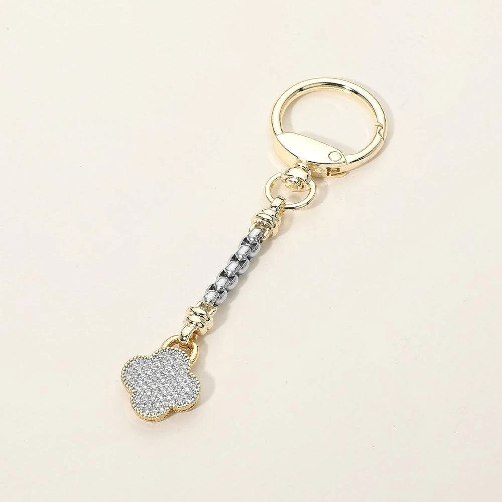 FASHNZFAB 14K Gold Plated CZ Stone Paved Quatrefoil Charm Drop Keychain Bag Charm