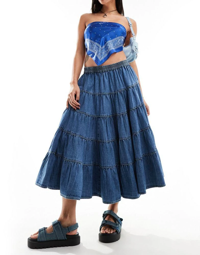 Free People Free People tiered chambray midi skirt in blue 1