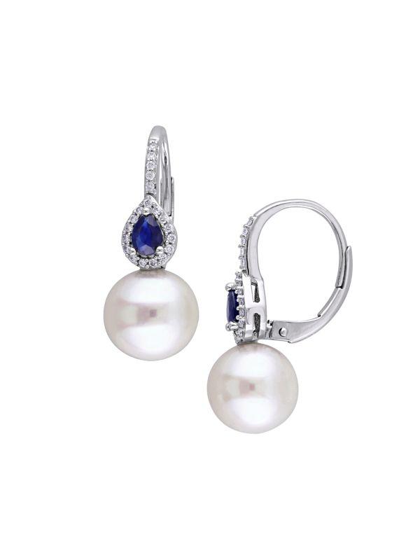 Sonatina 14K White Gold, Sapphire, 9.5-10MM White Cultured Pearl 
Diamond Earrings