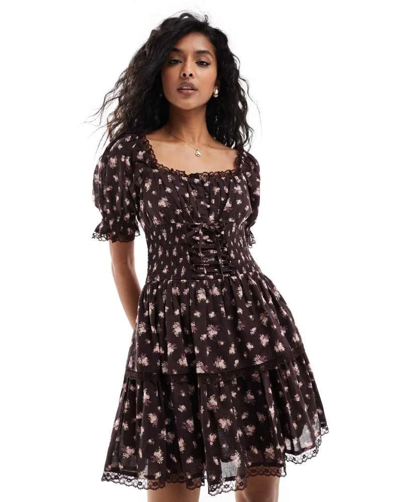 Miss Selfridge Miss Selfridge mini tiered corset dress in brown ditsy 1