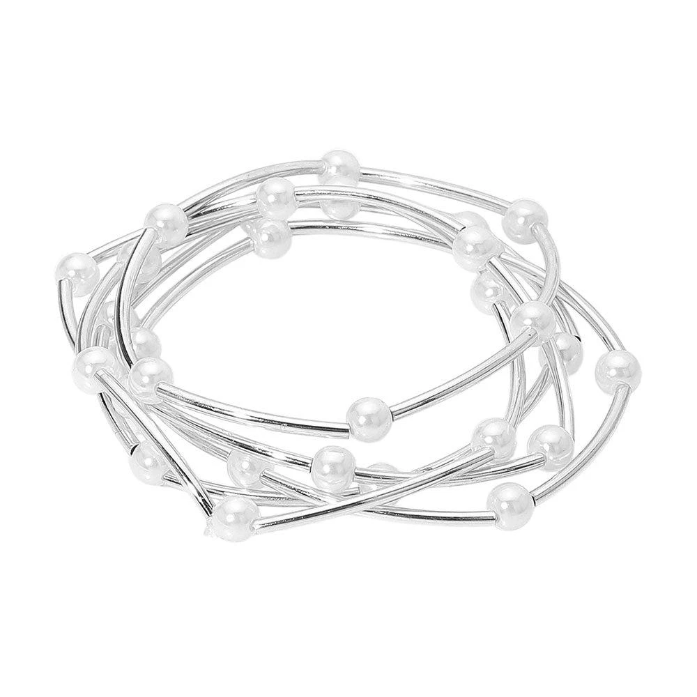 FASHNZFAB 5PCS - Pearl Metal Bar Beaded Stretch Multi Layered Bracelets 2