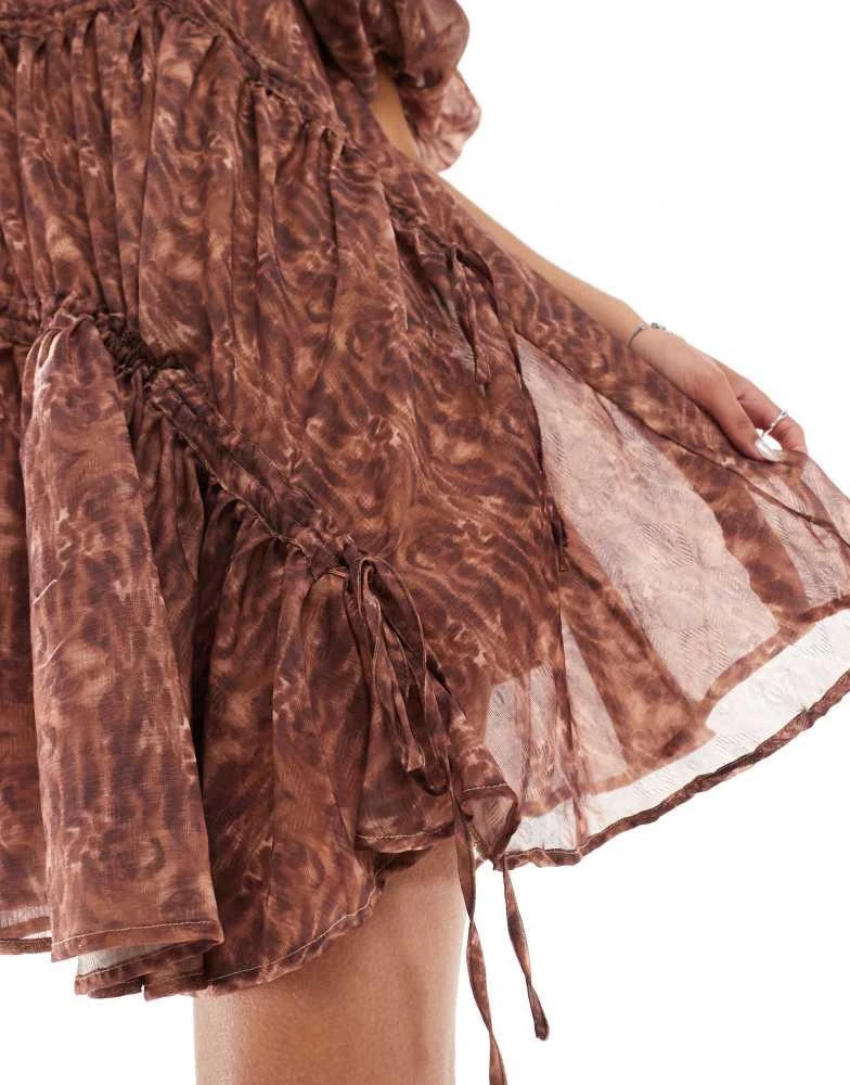 Ghospell Ghospell asymmetric ruched mini dress in brown print 3