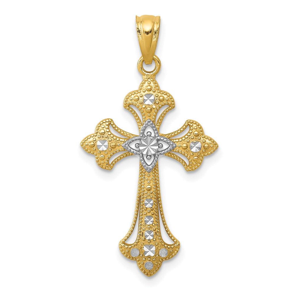 Diamond2Deal 14k Yellow Gold and White Rhodium Diamond-Cut Fleur de Lis Cross Pendant