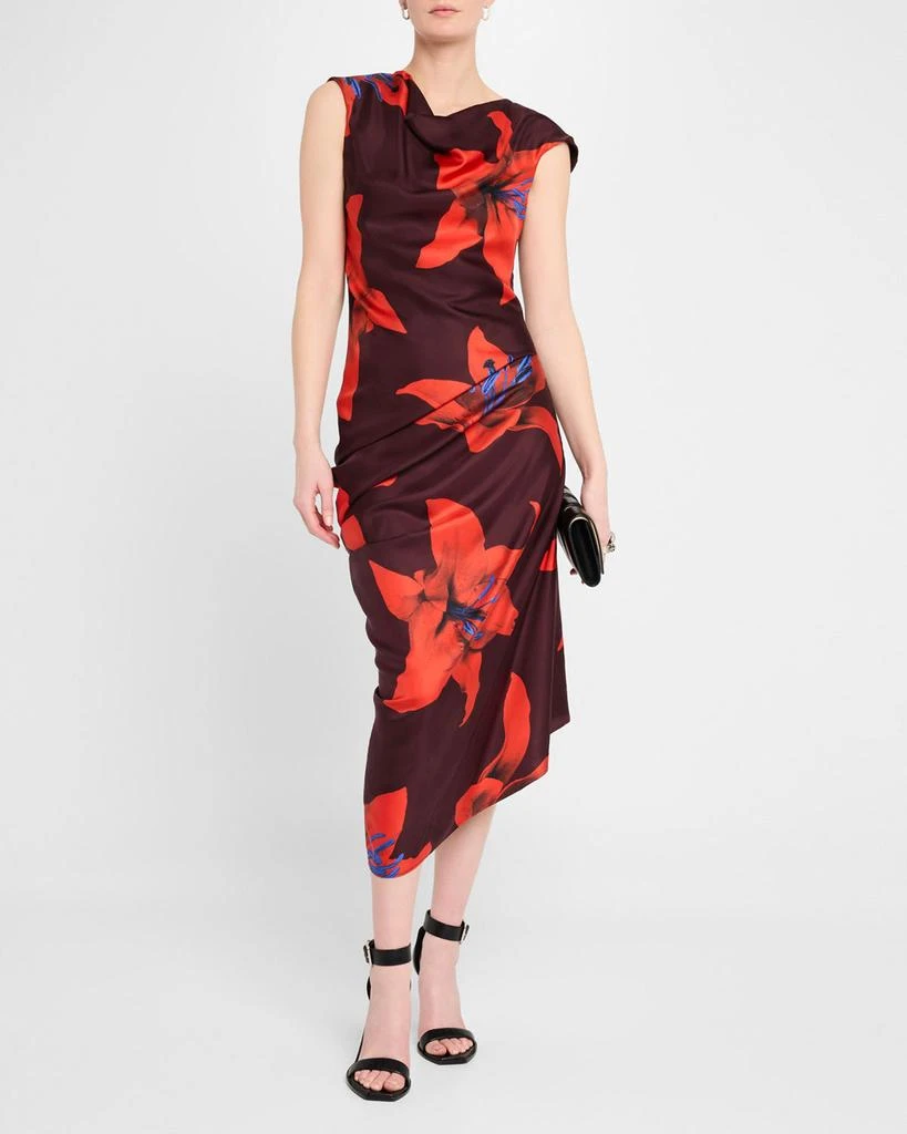 McQueen Lily-Print Draped Short-Sleeve Midi Dress 4