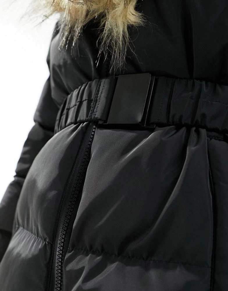 Threadbare Threadbare Ski belted puffer coat with faux fur collar in black 4