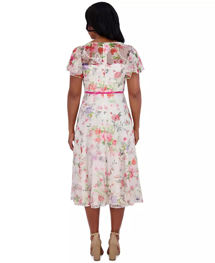 Jessica Howard Petite Floral Flutter-Sleeve Belted Midi Dress