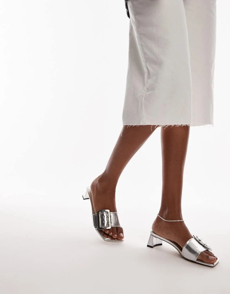 Topshop Topshop Ila heeled mules with buckle in silver 3
