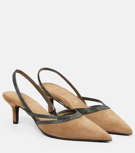 Brunello Cucinelli City embellished suede slingback pumps 1