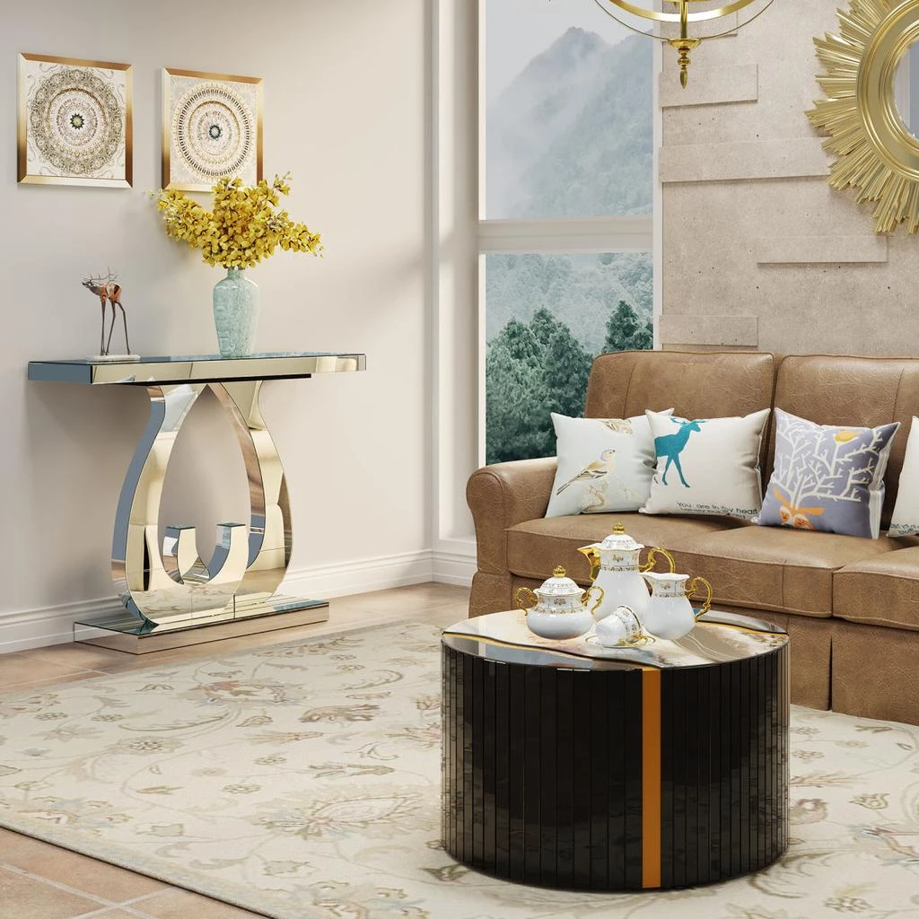 Streamdale Furniture Streamdale Black gold round mirror coffee table with marble pattern sticker side table. 6