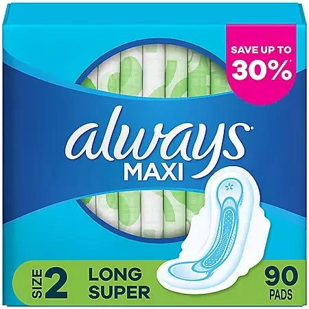 Always Always Maxi Long Super Pads, Unscented, Size 2, 90 ct. 1