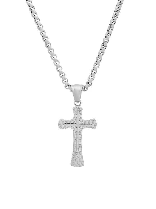 Anthony Jacobs Stainless Steel Diamond-Cut Double Cross Pendant Necklace 1