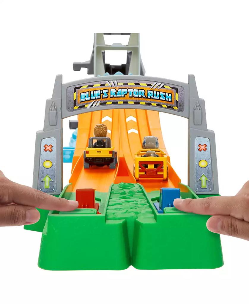 Hot Wheels RacerVerse Jurassic World Blue's Raptor Rush Track Set with 2 Toy Die-Cast Vehicles