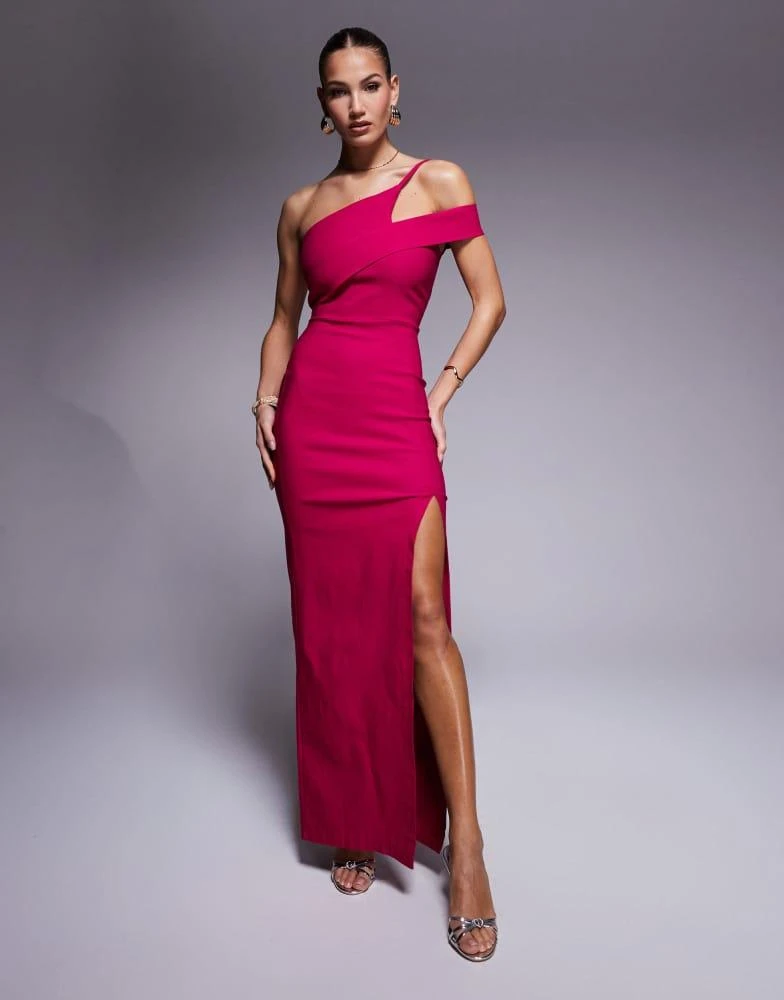 Vesper Vesper One shoulder maxi dress with fold over band in cerise 1