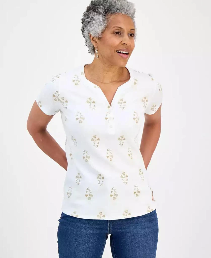 Style & Co Petite Floral-Print Short-Sleeve Henley Knit Top, Macy's Exclusive