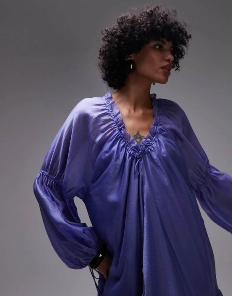 & Other Stories & Other Stories semi sheer mini dress with volume sleeves in blue 4