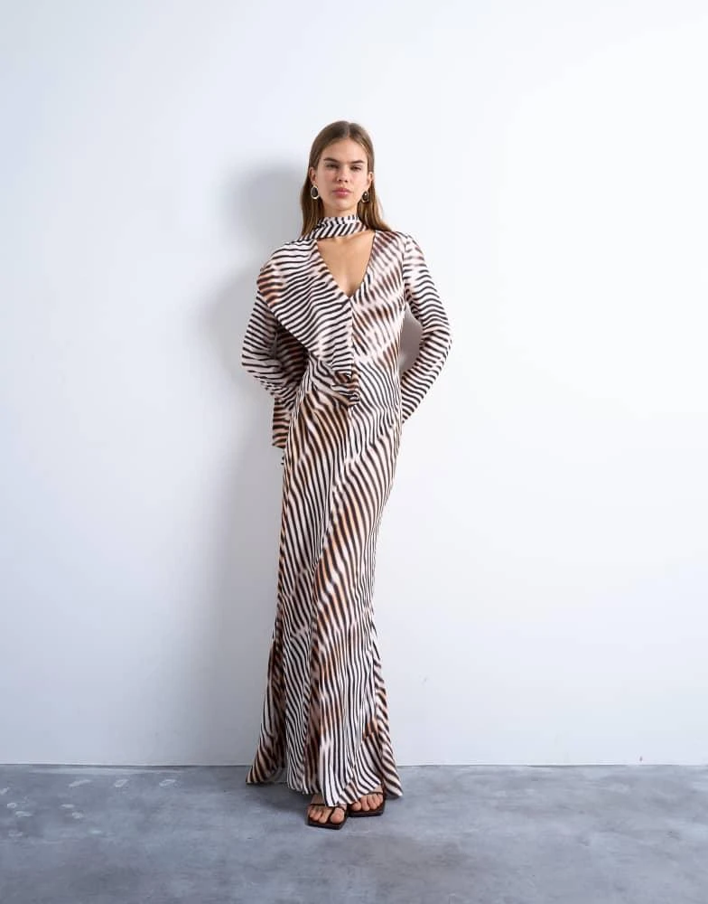 Shop Topshop long sleeve ruffle maxi dress with scarf wrap detail
