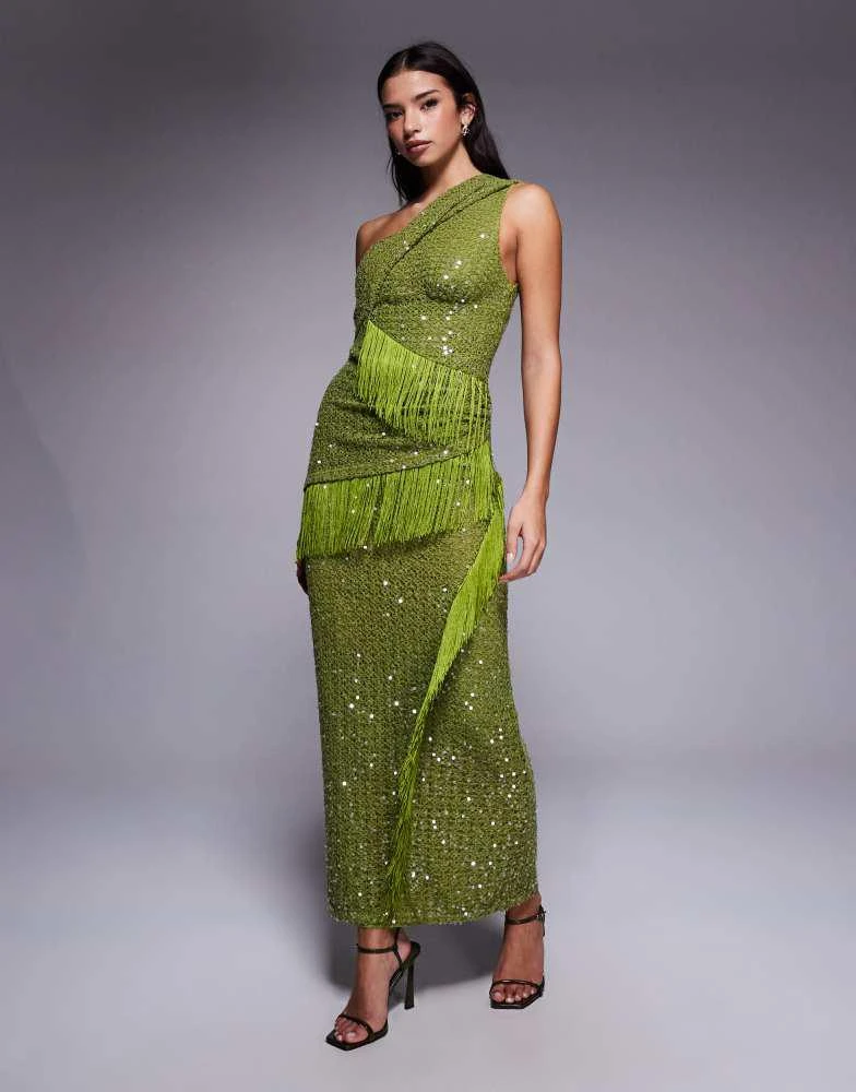 ASOS DESIGN sequin knit twist one shoulder midi dress with drape fringe  panels in green  On Sale Now with Up to 10% Off | Discover Exclusive Deals  & Savings at BeyondStyle
