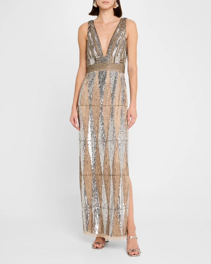 Aidan Mattox Beaded Deep V-Neck Column Gown 2