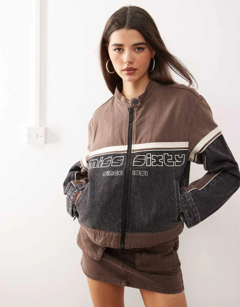 Miss Sixty Miss Sixty co-ord denim motorcross jacket in black and brown with logo applique 1