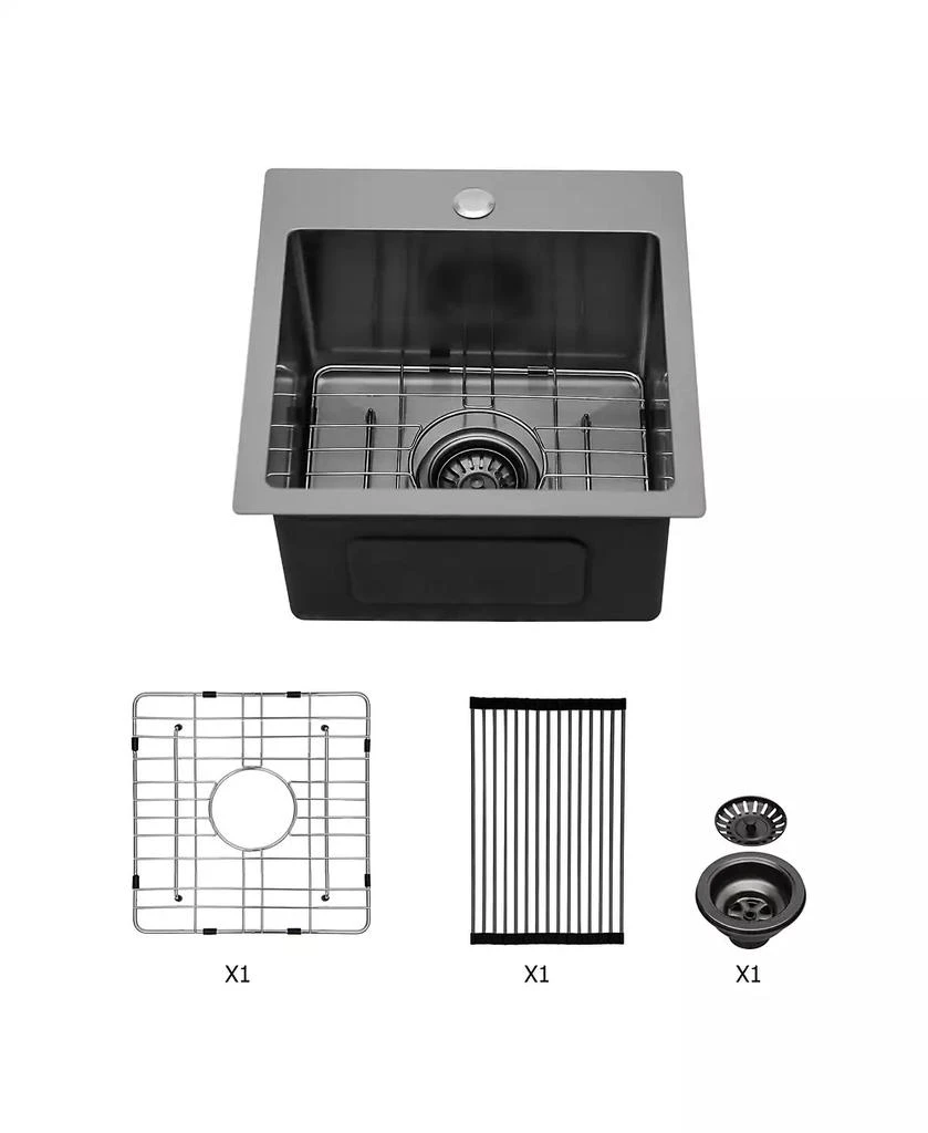Flynama 15x15x9inch Gunmetal Black Kitchen Sink Drop In Stainless Steel 16 Gauge Deep Single Bowl