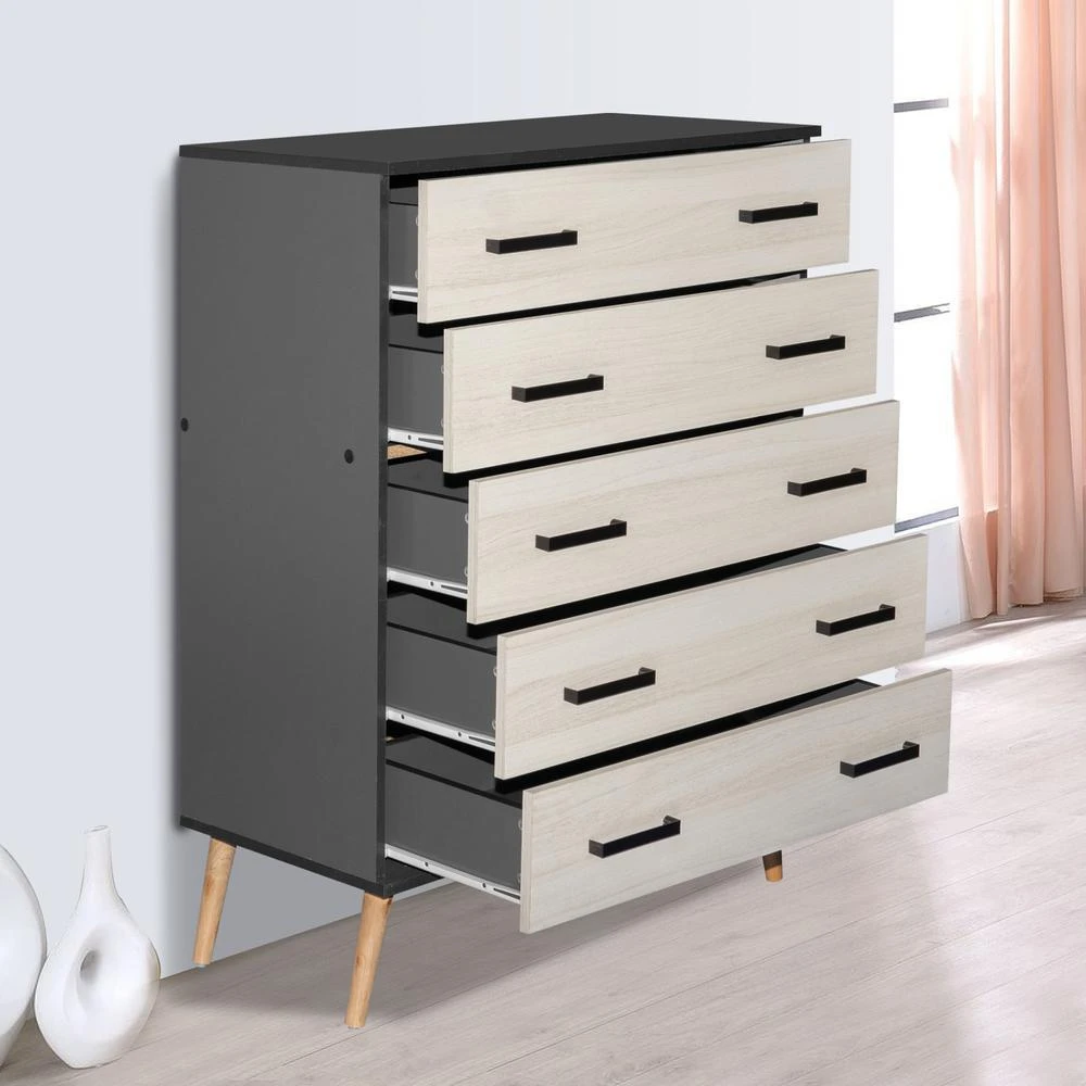 Better Home Products Eli Mid-Century Modern 5 Drawer Chest Dark Gray & Honey Oak 5