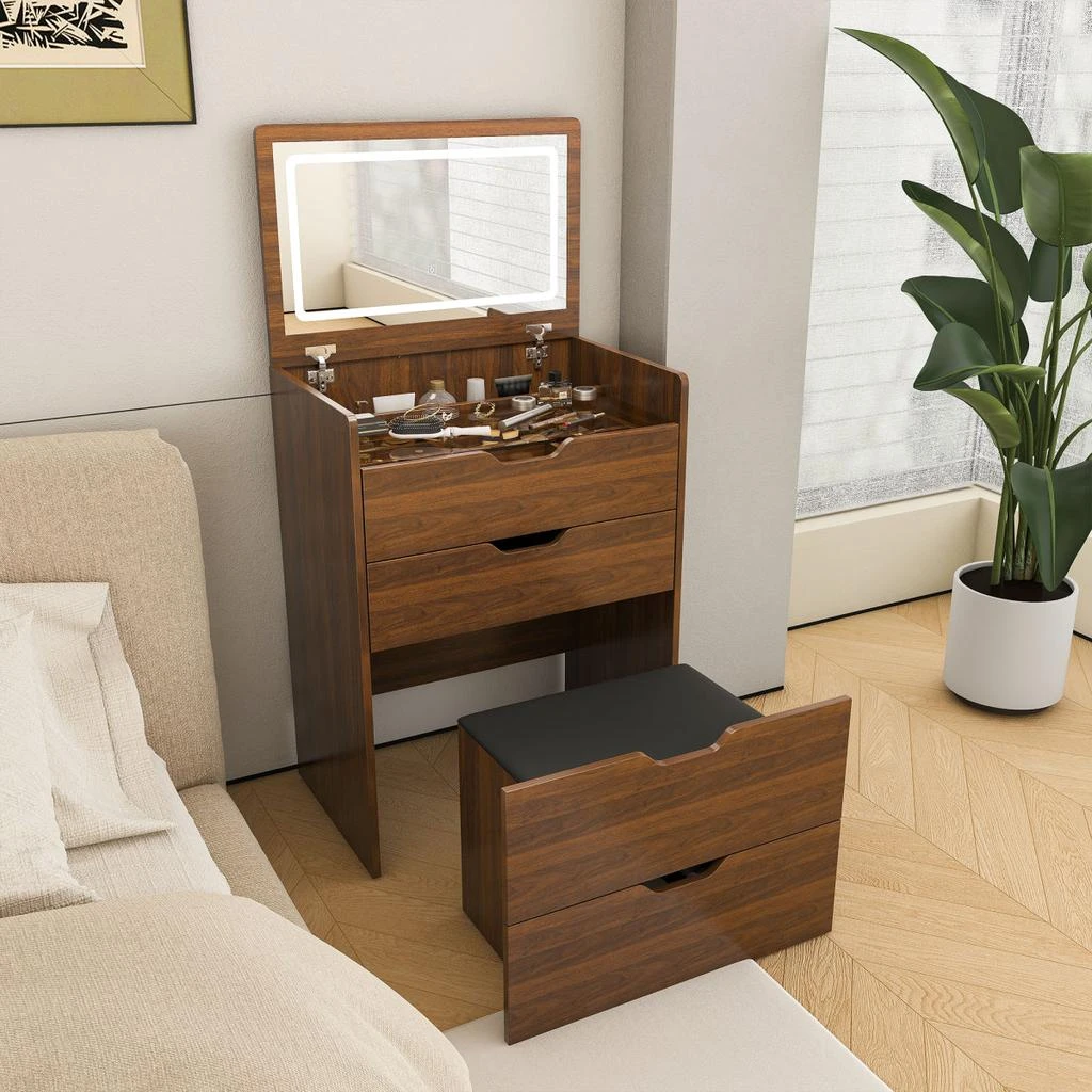 Streamdale Furniture Streamdale 3-in-1 Vanity Desk with Lighted Mirror 
Stool, Flip Top Makeup Dressing Table (Walnut) 3