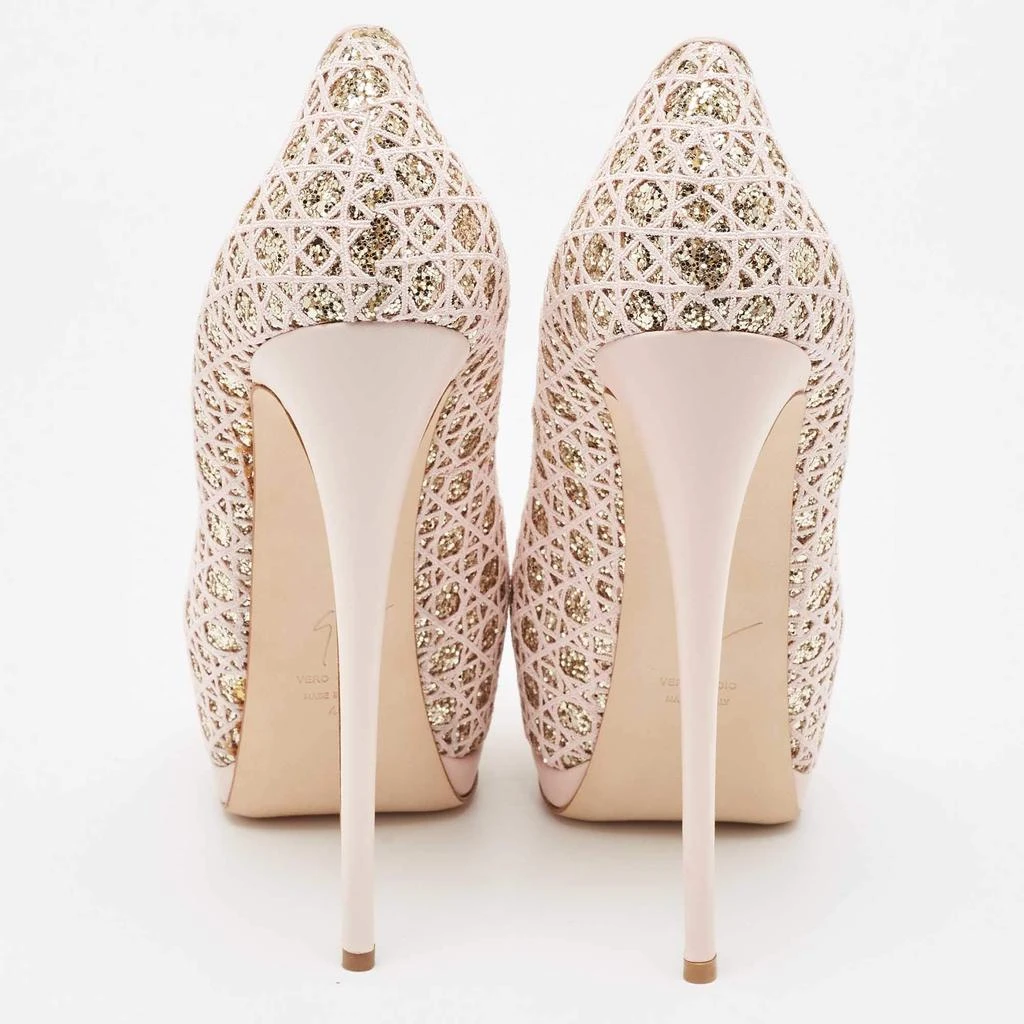 Giuseppe Zanotti Giuseppe Zanotti Pink Glitter Lace and Leather Sharon Platform Peep Toe Pumps Size 41 5