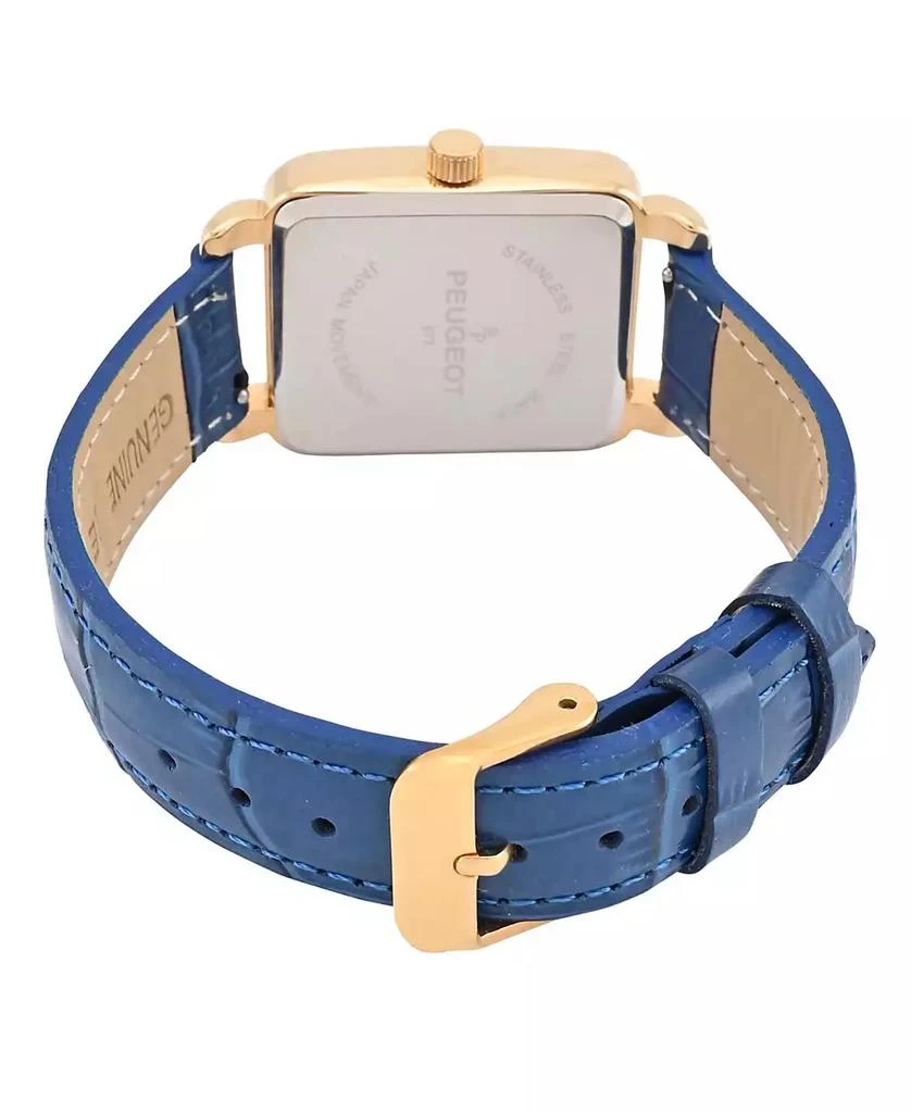 Peugeot Women's 14K Gold Plated Square Dress Watch with European Crystals and Blue Leather Band 3