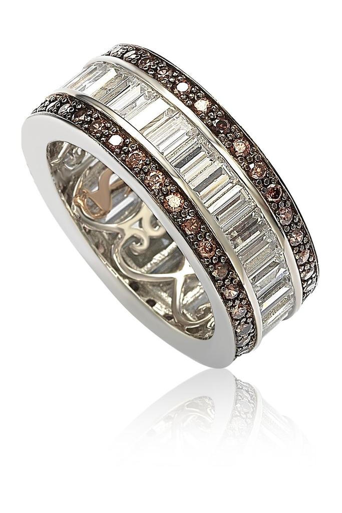 Suzy Levian Sterling Silver Chocolate & White Baguette CZ Band