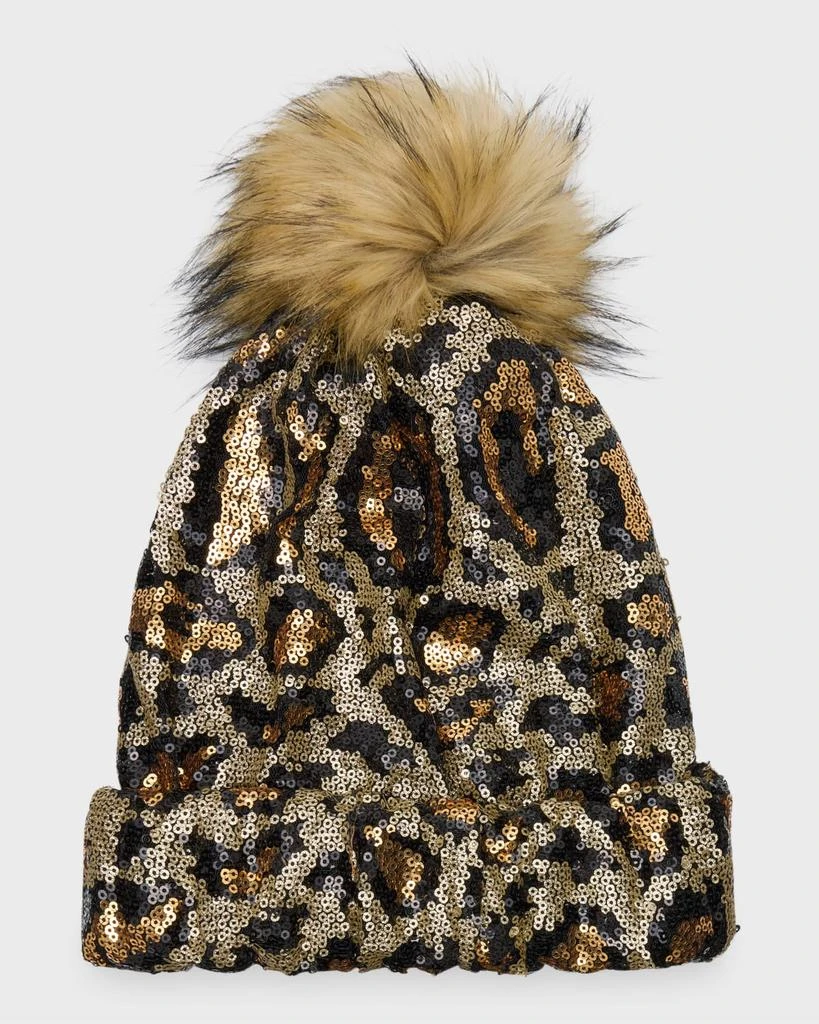 Leopard Sequin Beanie With Faux Fur Pom – On Sale Now with  display picture 1