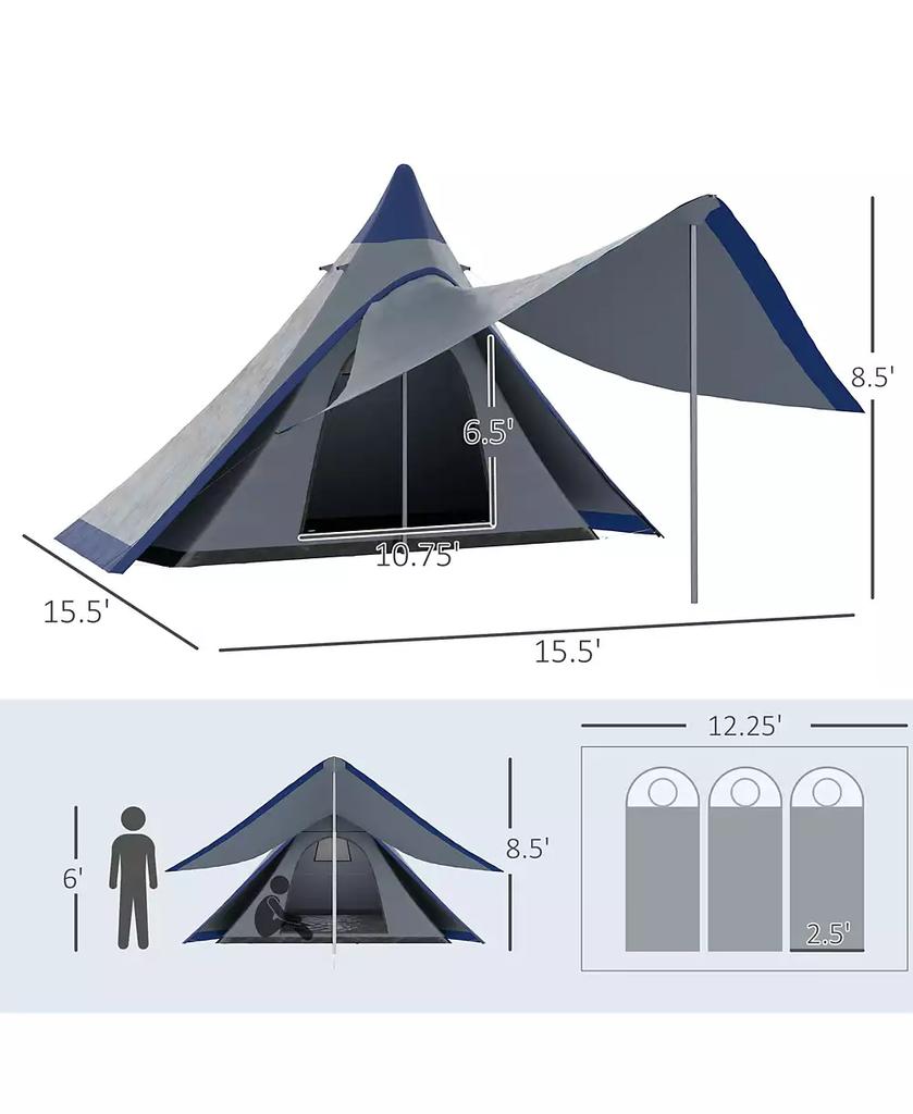 Outsunny Camping Tent with Porch, Teepee Tent Near-Inst Tent,
