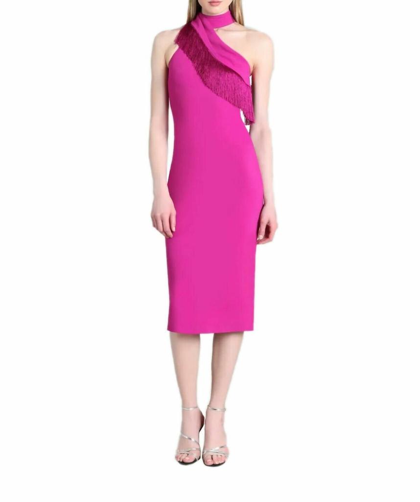 CUSHNIE Fringe Mock Neck Pencil Bodycon Dress In Pink