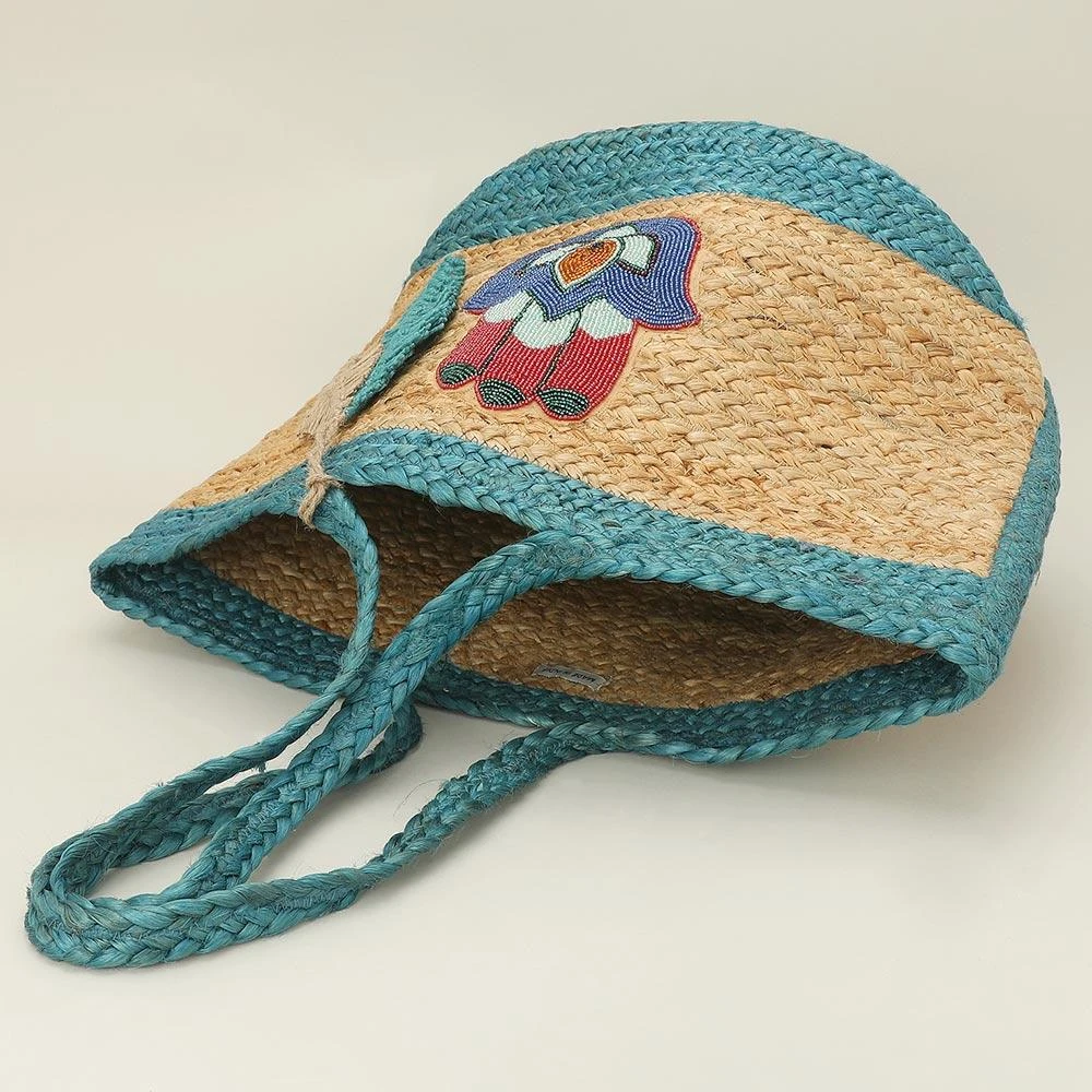 FASHNZFAB Embroidered Hamsa Hand Motif Accent Leaf Bag Charm Straw Woven Shoulder Tote Bag 4